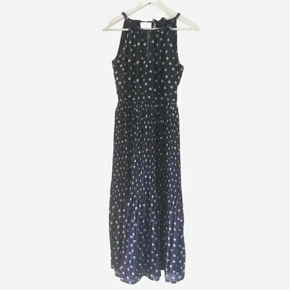 Maison Jules Size XS Sheer Pleated Eyelet Maxi Dress Navy Pink Boho - Picture 2 of 7